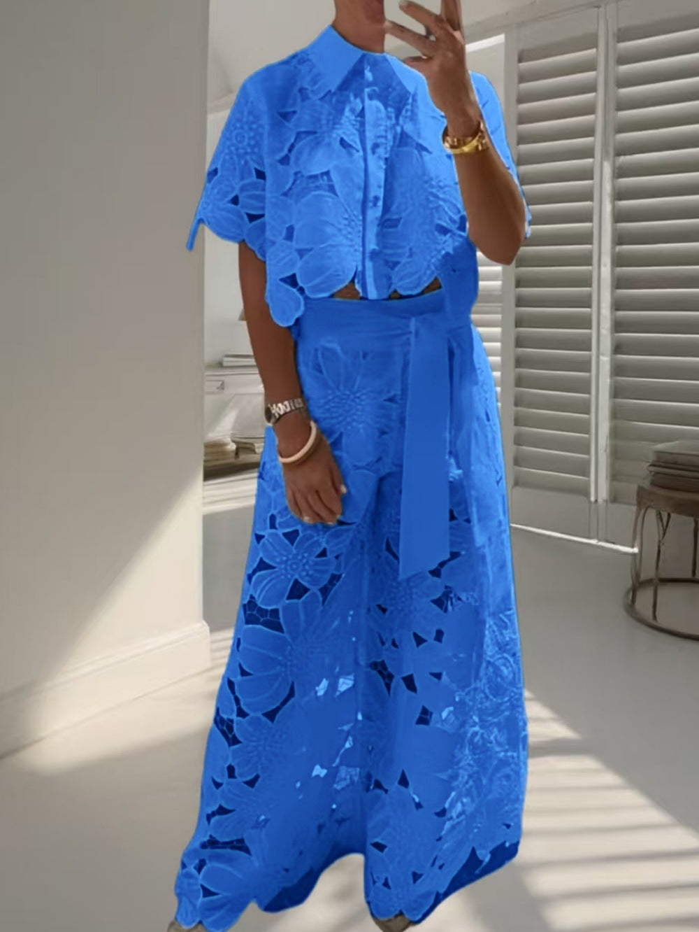Open-necked sweater, wide-leg pants set