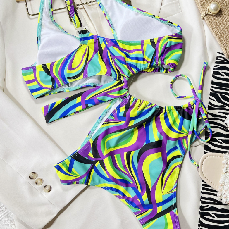 Open-weave drawstring one-piece swimming suit