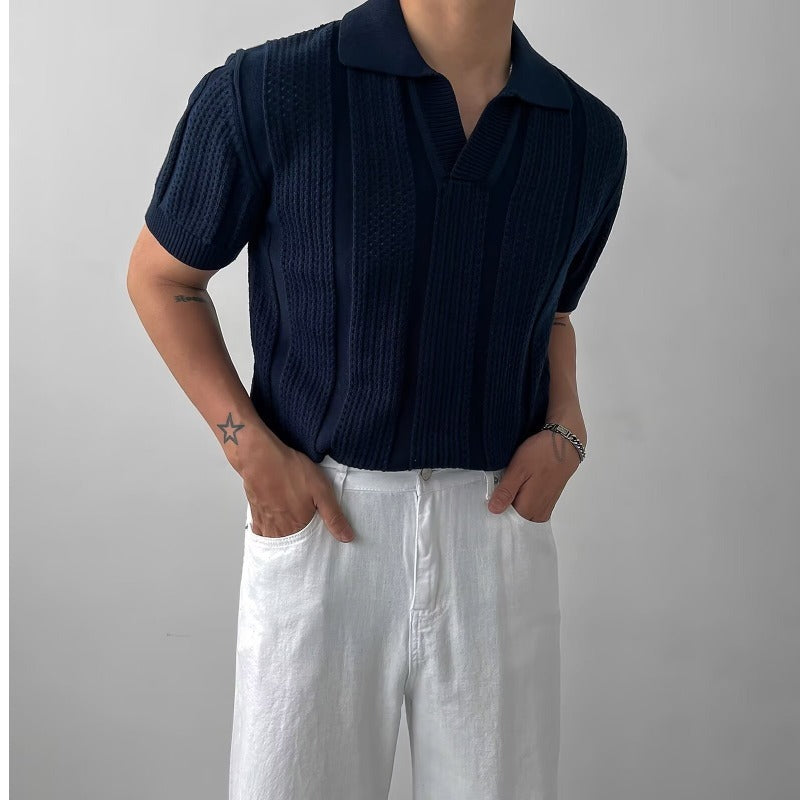 Open-weave mesh texture knitted short-sleeved Polo shirt