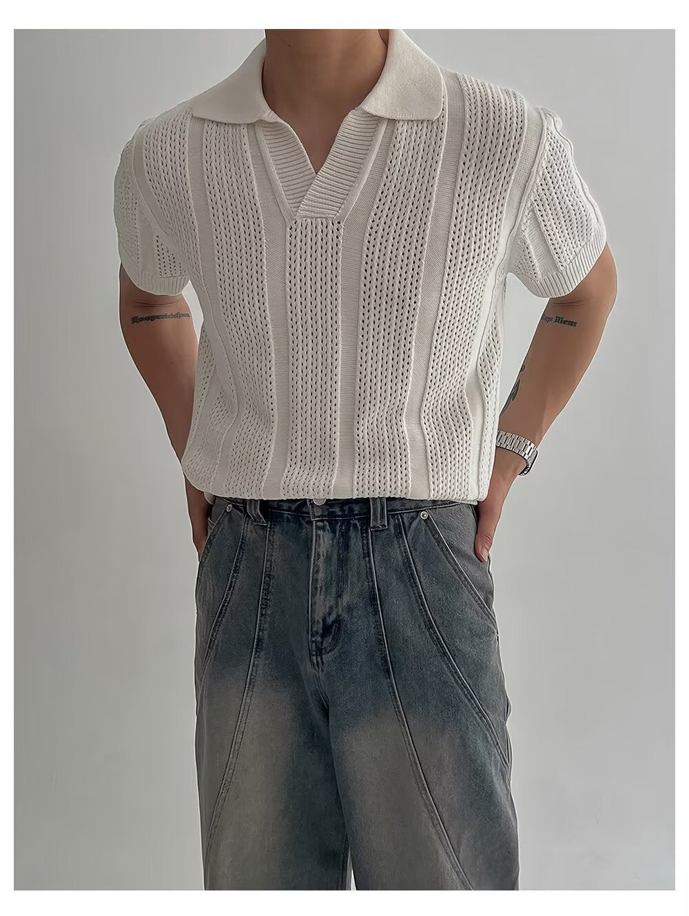 Open-weave mesh texture knitted short-sleeved Polo shirt