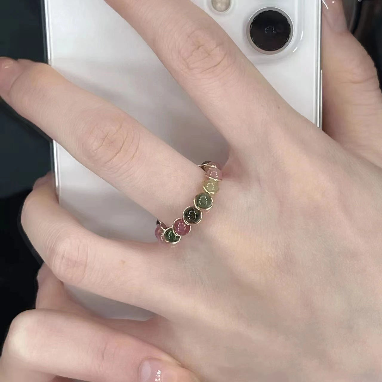Opening ring women imitation tourmaline light luxury niche design food finger ring retro color crystal beads ring