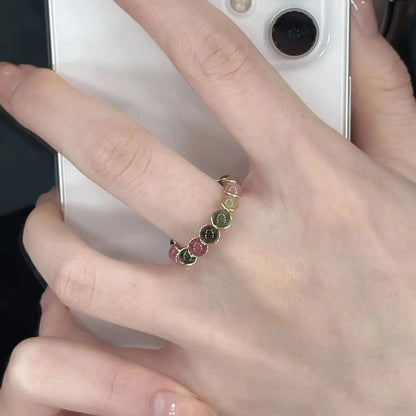 Opening ring women imitation tourmaline light luxury niche design food finger ring retro color crystal beads ring