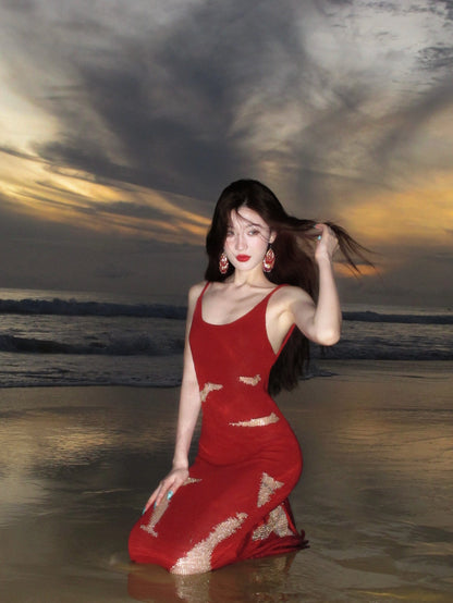 Original Knitted Hollow-Out Backless Tie-Up Dress