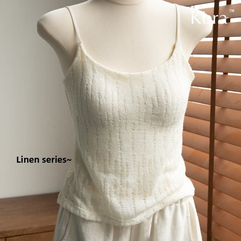 Original Linen-Style White Camisole for Women, Thin Modal with Chest Pads, Beautiful Back Design, Inner Layer Casual Top