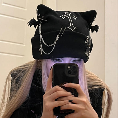 Original Punk Cat Ear Wool Hat with Cross Chain
