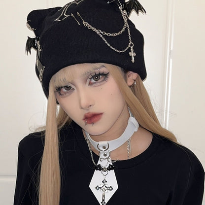 Original Punk Cat Ear Wool Hat with Cross Chain