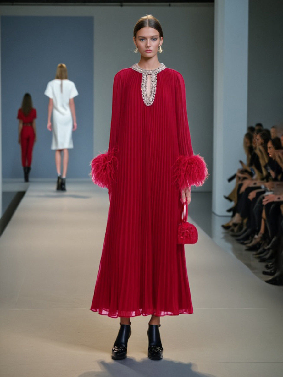 Ostrich Feather Patchwork Solid Color Dress