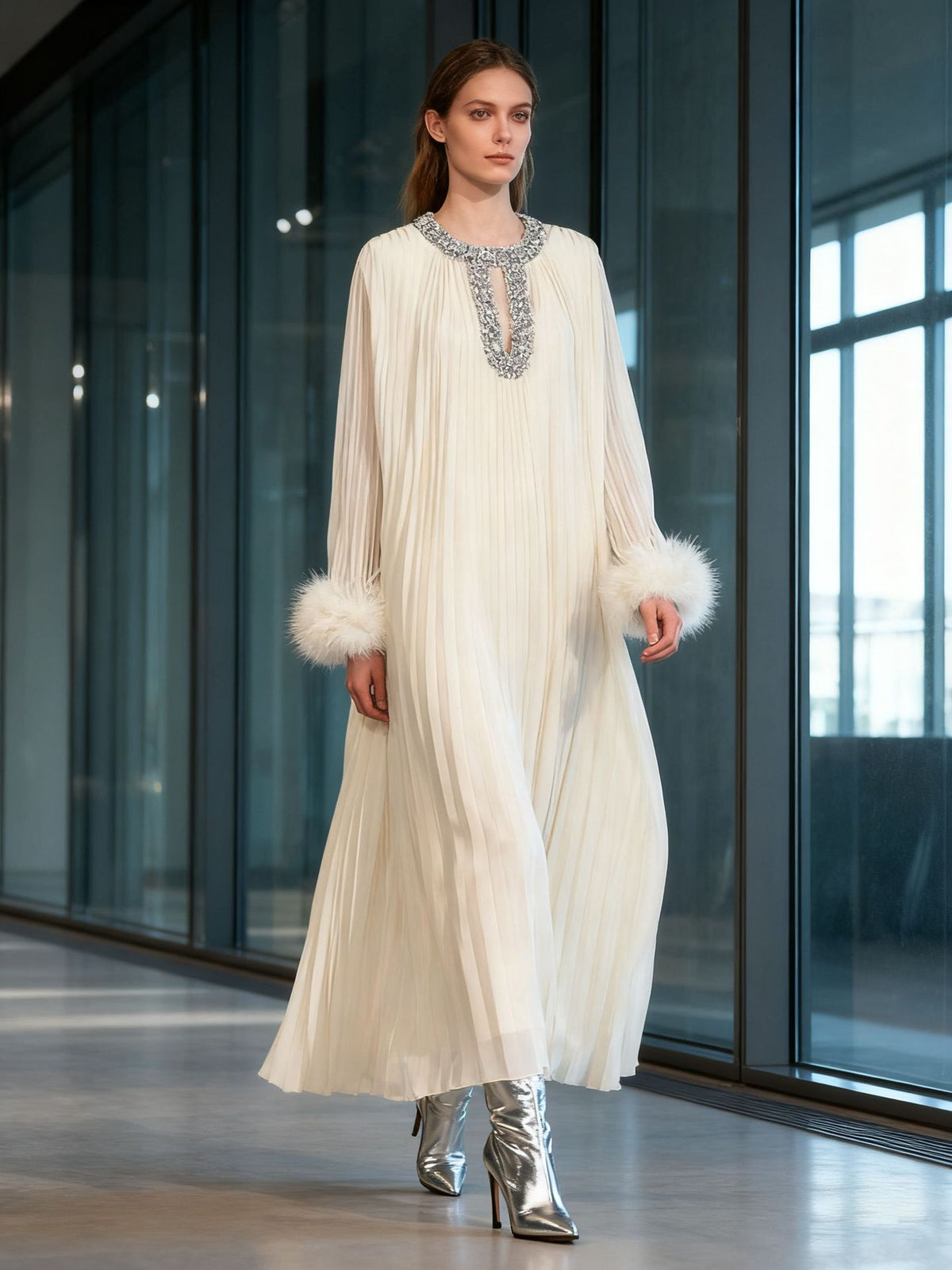 Ostrich Feather Patchwork Solid Color Dress