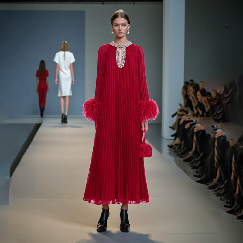 Ostrich wool and solid-color dress