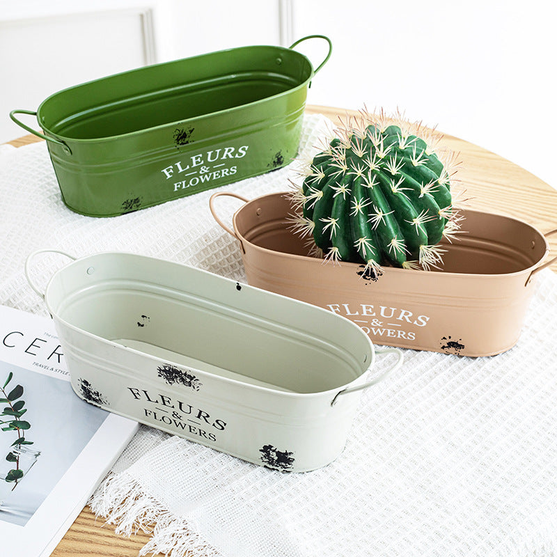 Oval Double-Handle Horseshoe Print Iron Flowerpot