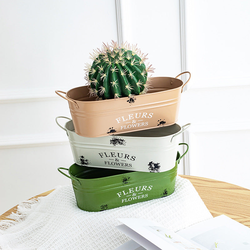 Oval Double-Handle Horseshoe Print Iron Flowerpot
