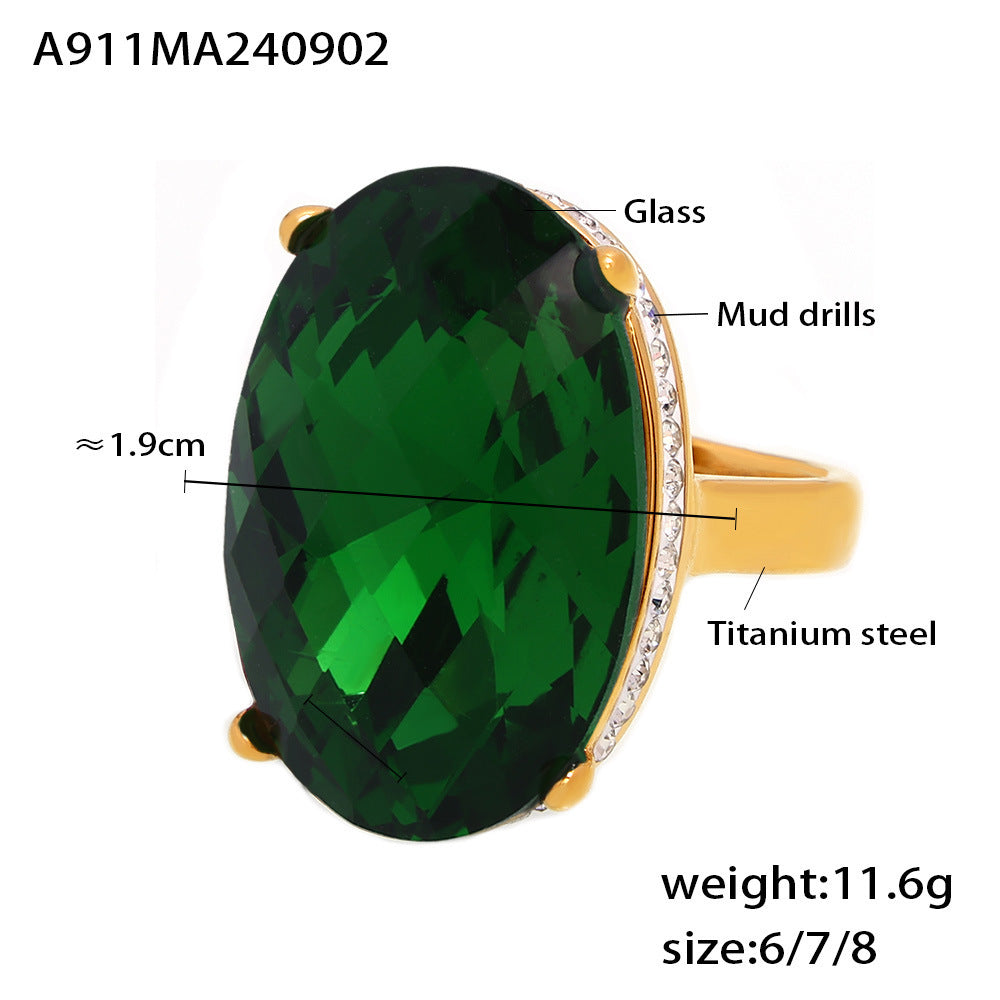 Oval Glass Stone Titanium Steel Ring