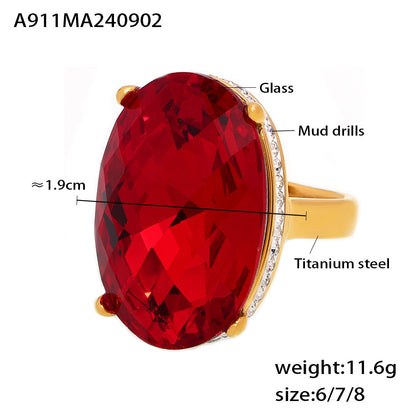 Oval Glass Stone Titanium Steel Ring