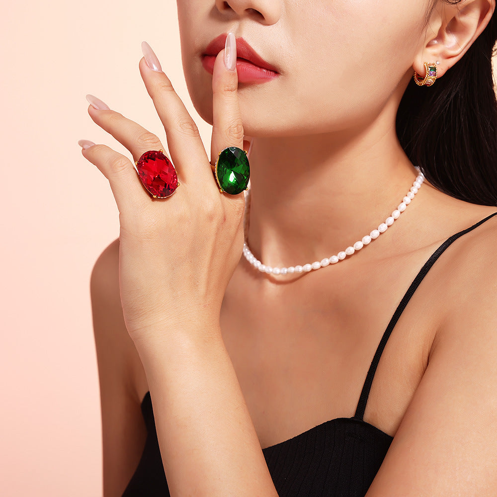 Oval Glass Stone Titanium Steel Ring