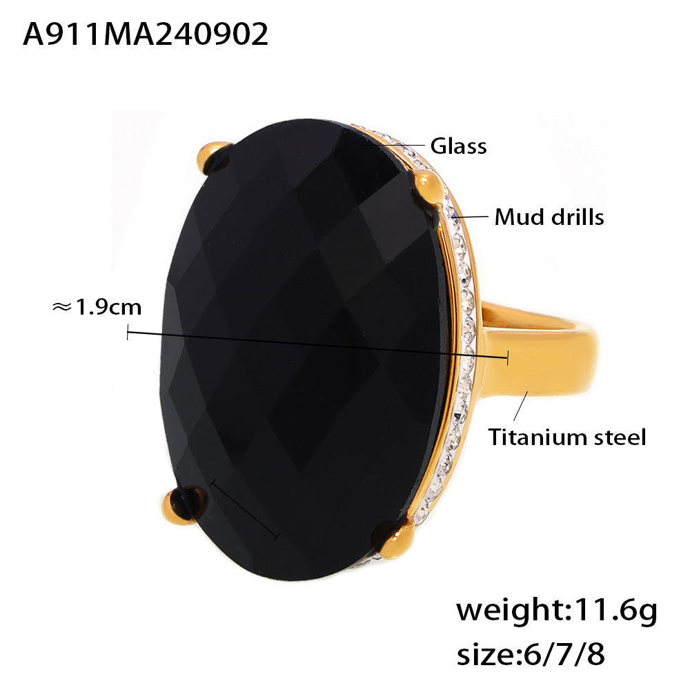 Oval Glass Stone Titanium Steel Ring