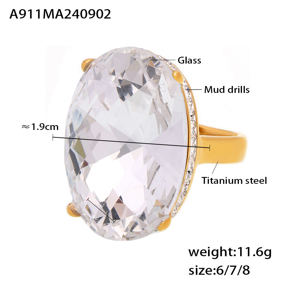 Oval Glass Stone Titanium Steel Ring