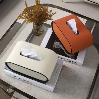 Oval Leather Tissue Storage Box with Remote Control Holder