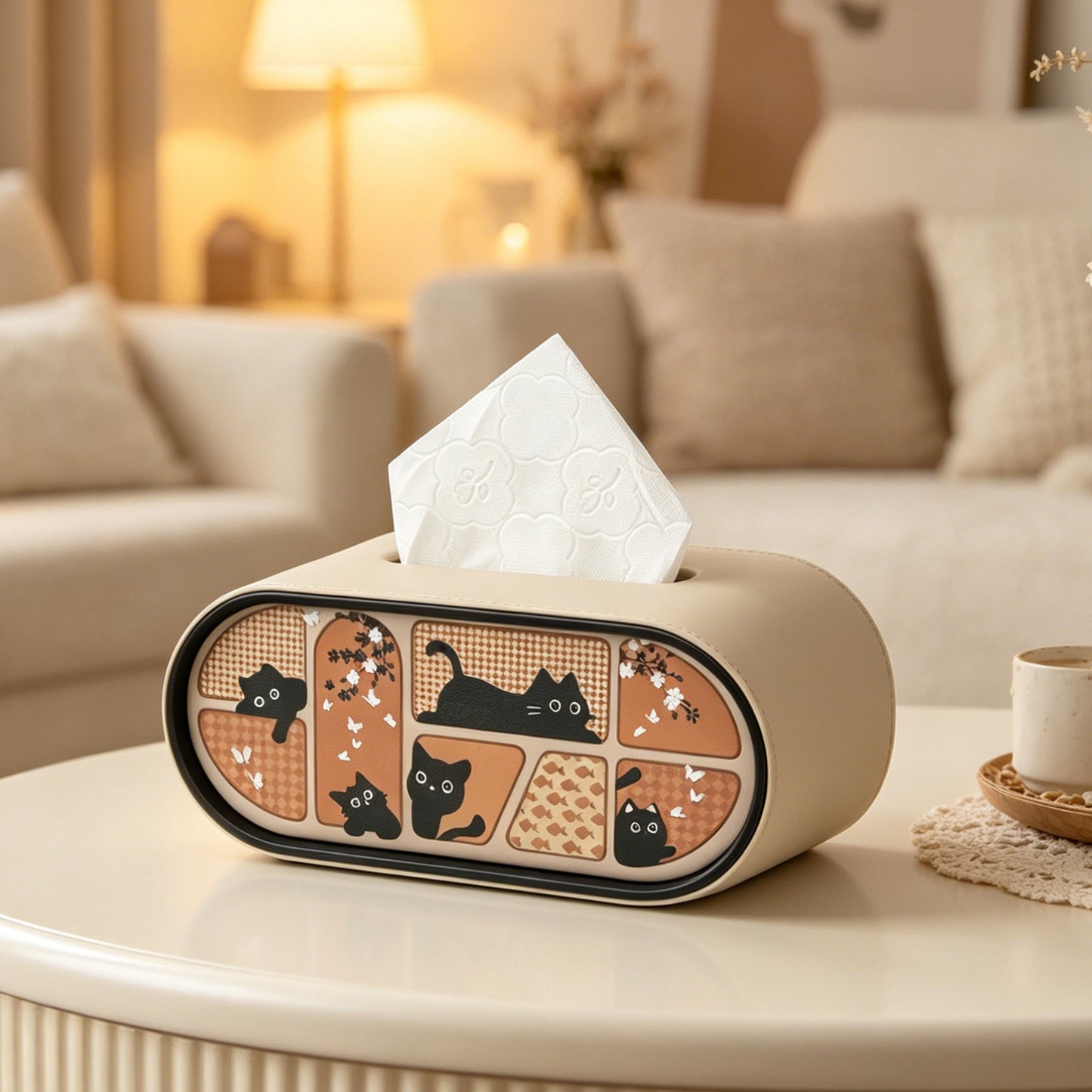 Oval Leather Tissue Storage Box with Remote Control Holder