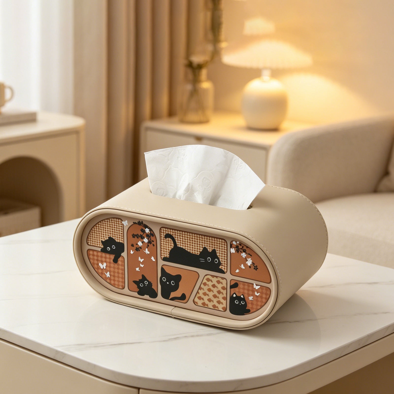 Oval Leather Tissue Storage Box with Remote Control Holder