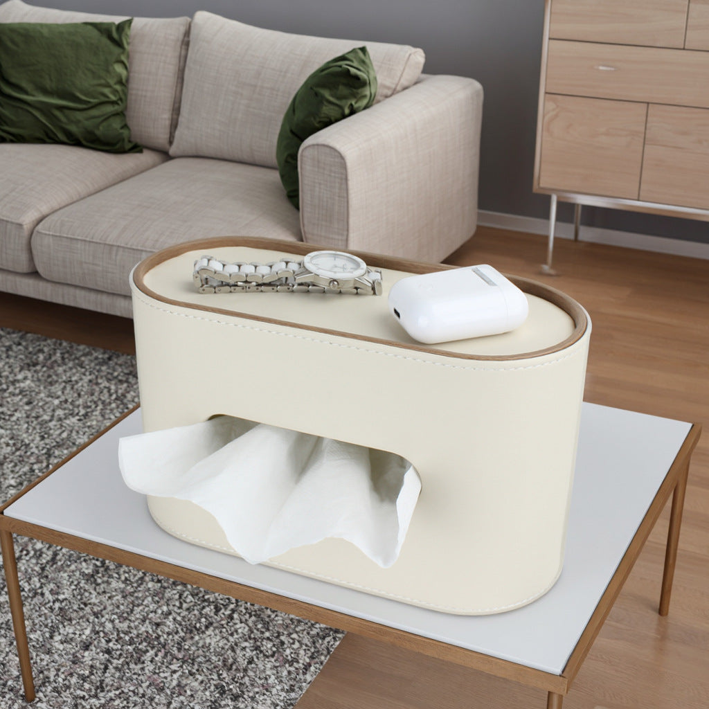 Oval Leather Tissue Storage Box with Remote Control Holder