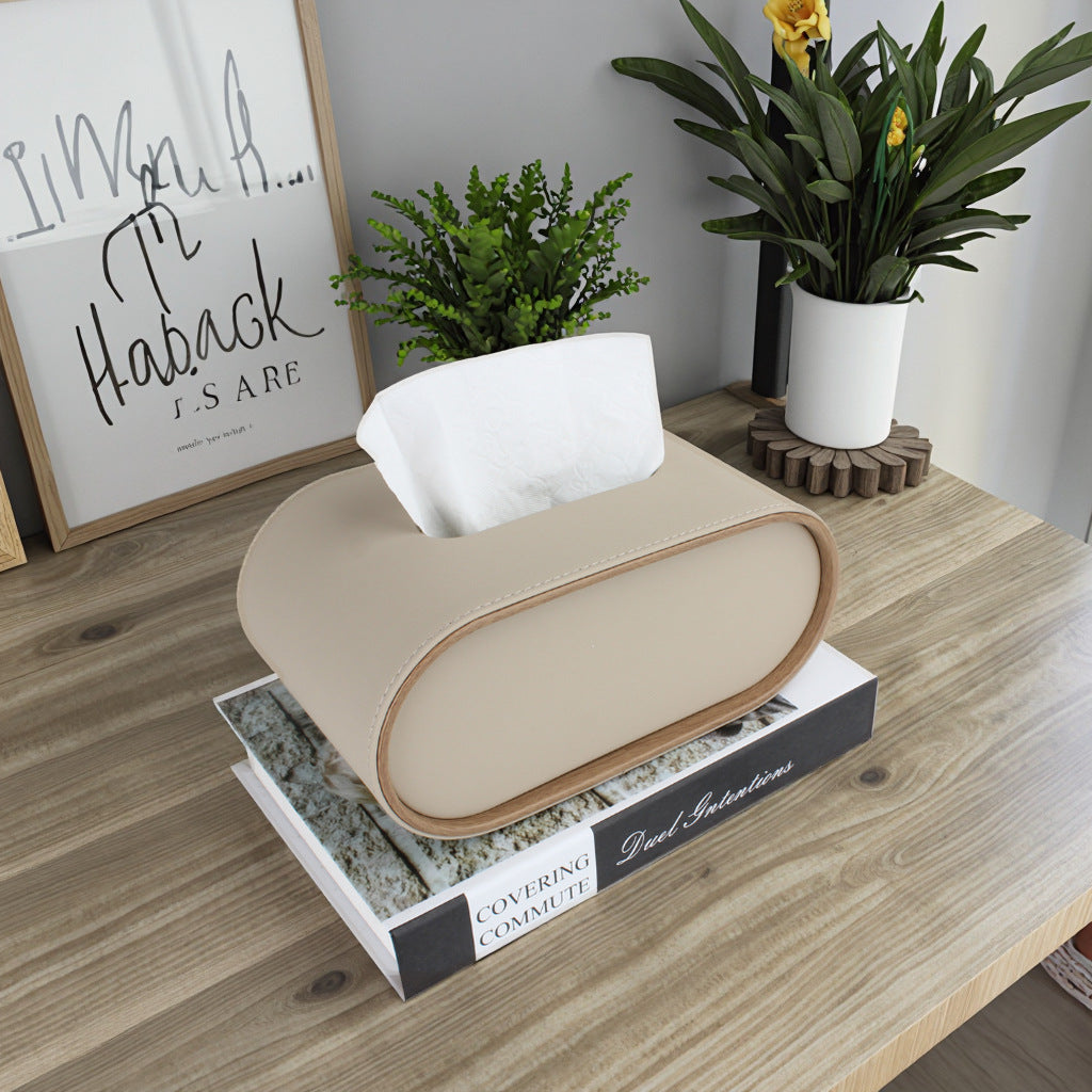 Oval Leather Tissue Storage Box with Remote Control Holder