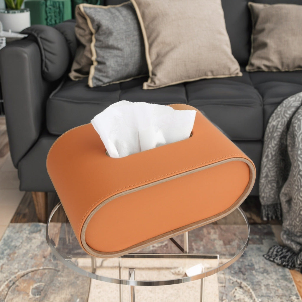 Oval Leather Tissue Storage Box with Remote Control Holder