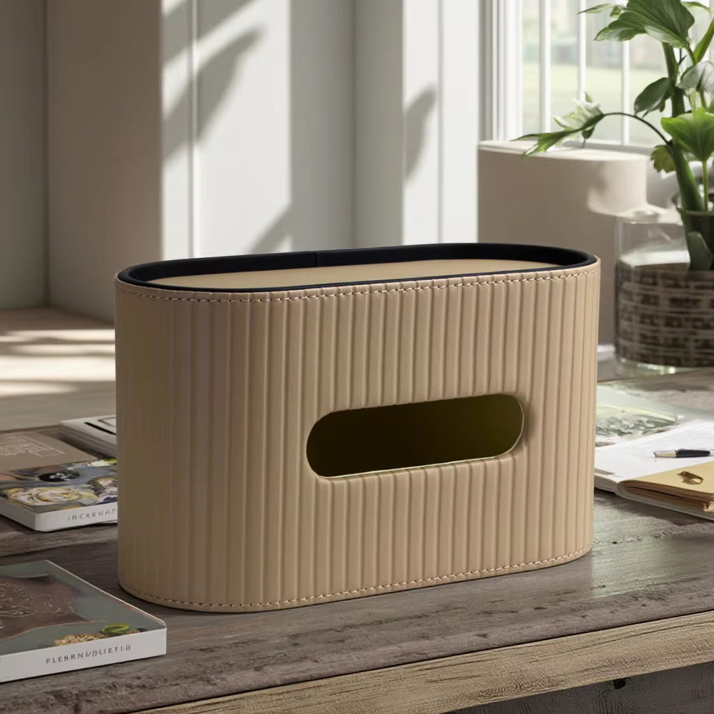 Oval Leather Tissue Storage Box with Remote Control Holder