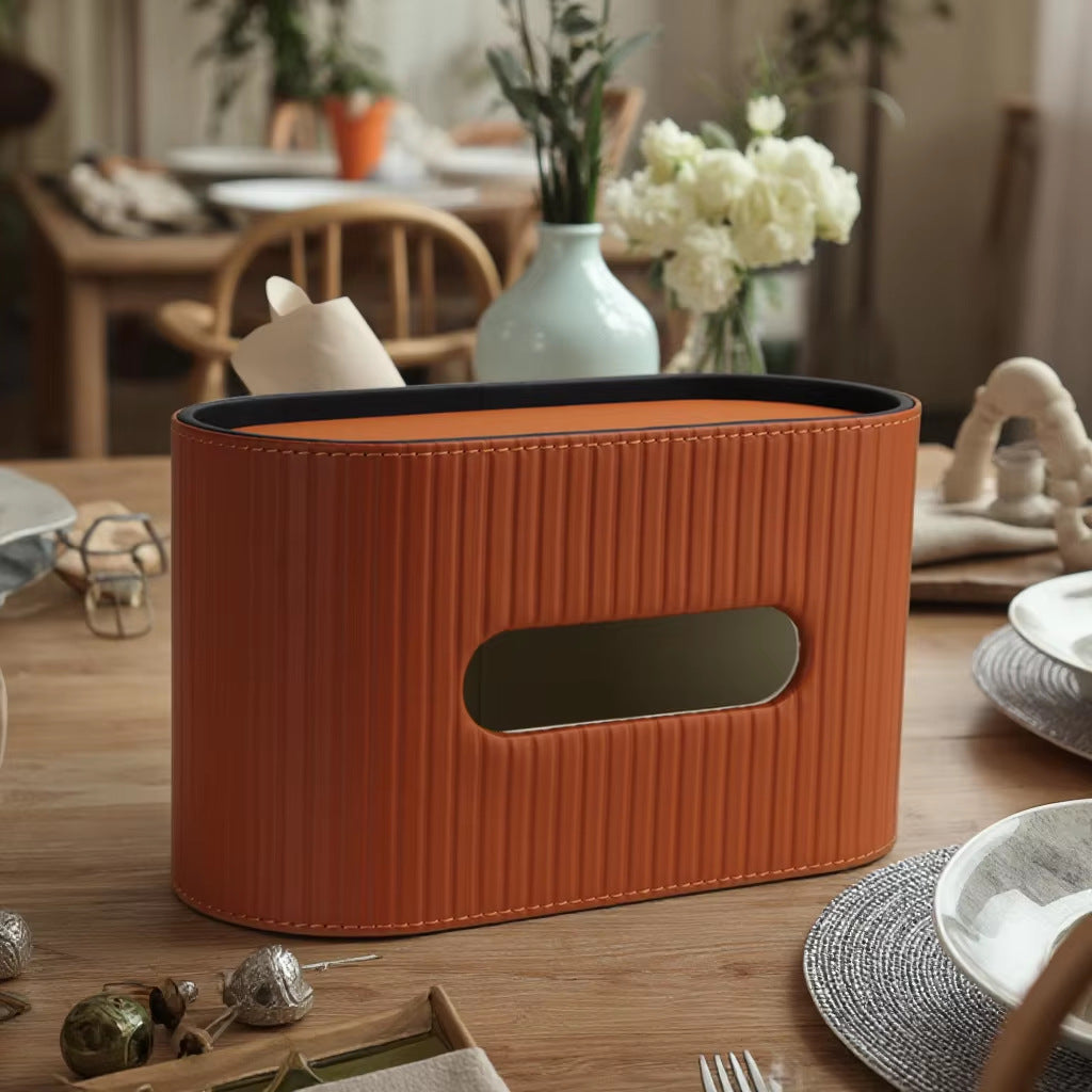 Oval Leather Tissue Storage Box with Remote Control Holder
