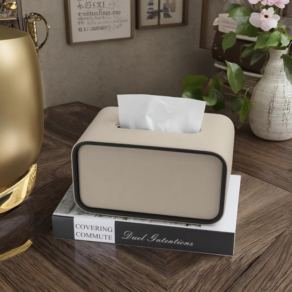 Oval Leather Tissue Storage Box with Remote Control Holder