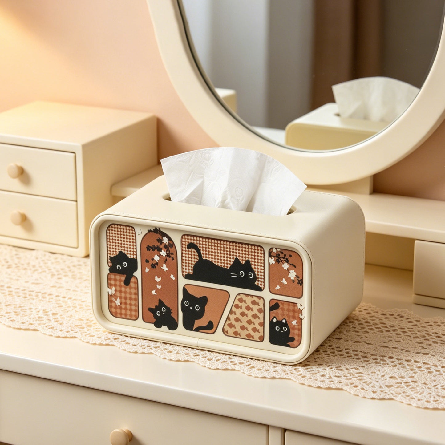 Oval Leather Tissue Storage Box with Remote Control Holder