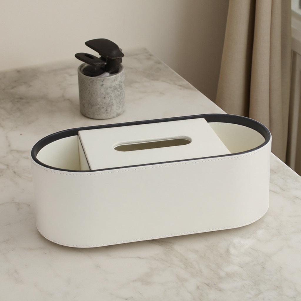 Oval Leather Tissue Storage Box with Remote Control Holder