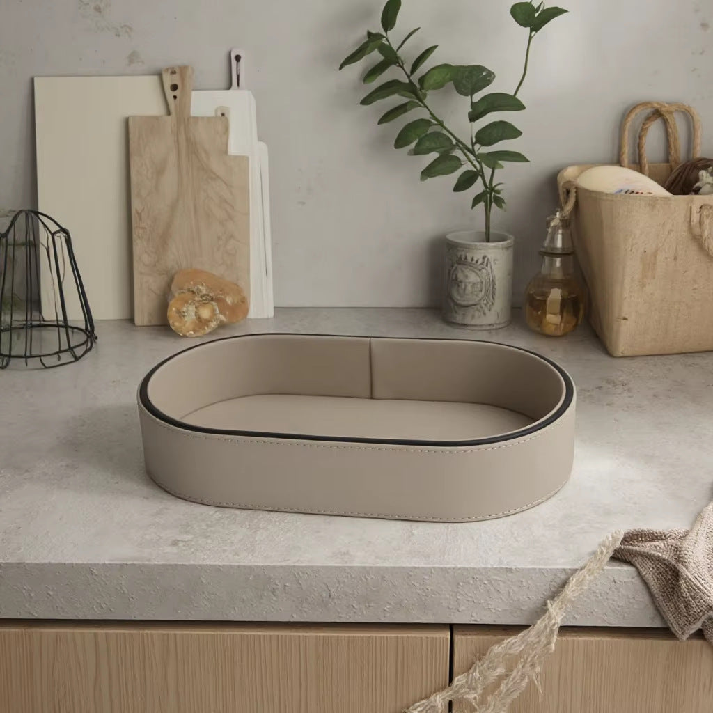 Oval Leather Tissue Storage Box with Remote Control Holder