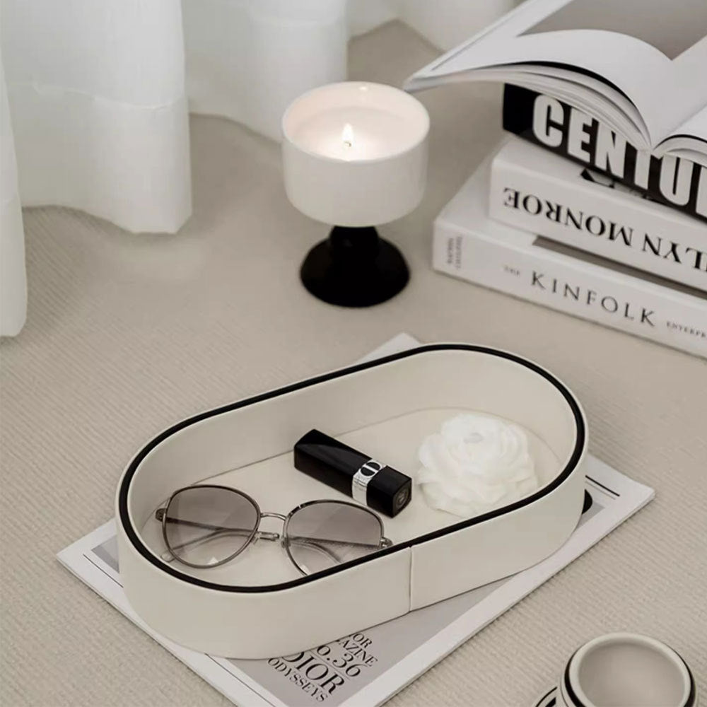 Oval Leather Tissue Storage Box with Remote Control Holder