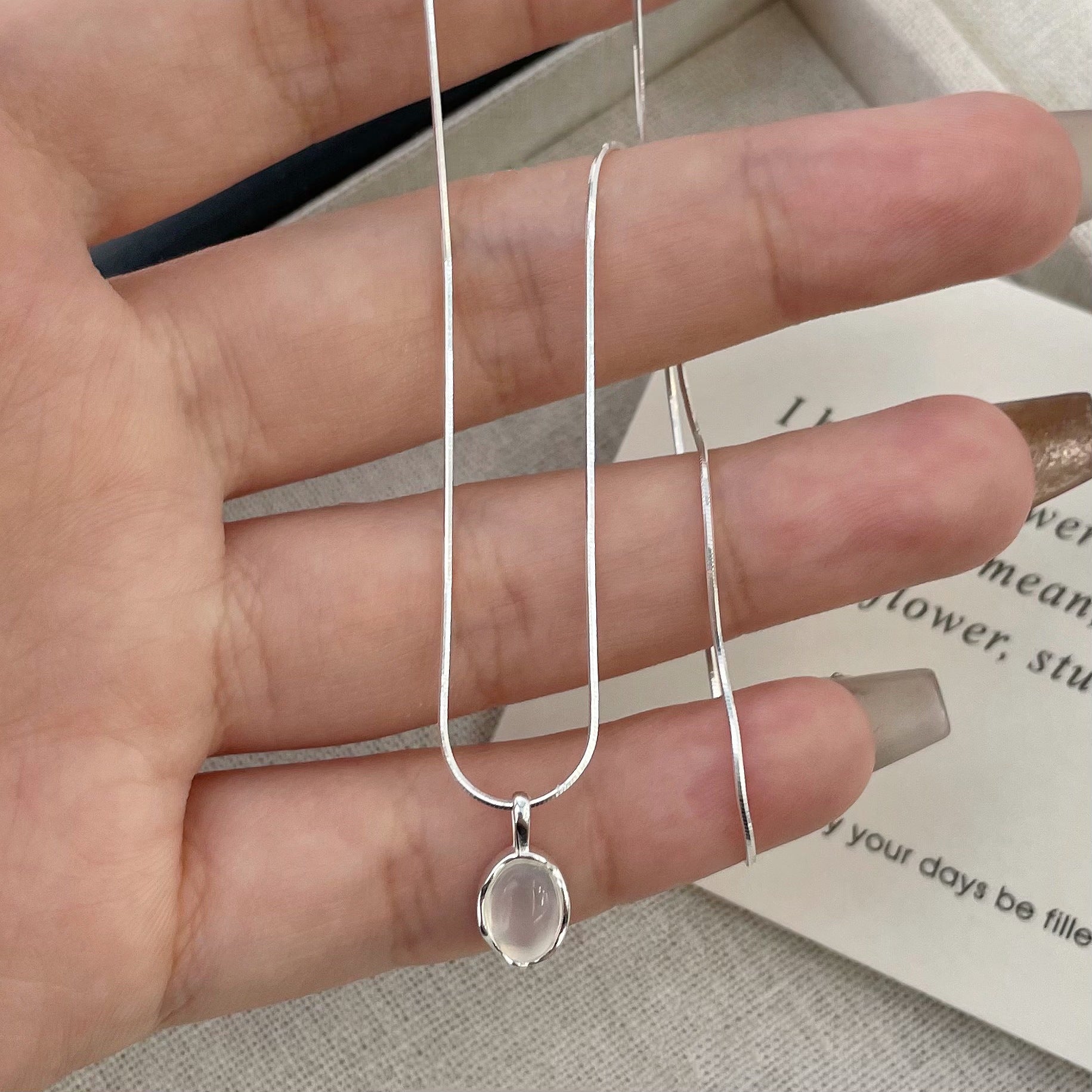 Oval White Agate Sterling Silver Necklace