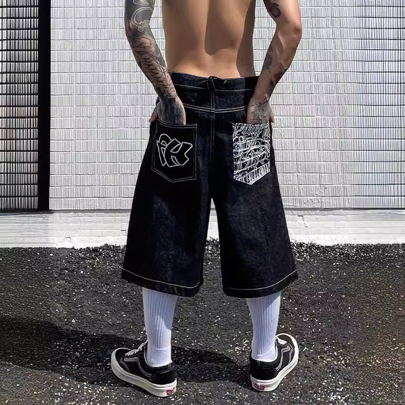 Over-the-knee Embroidered Denim Shorts