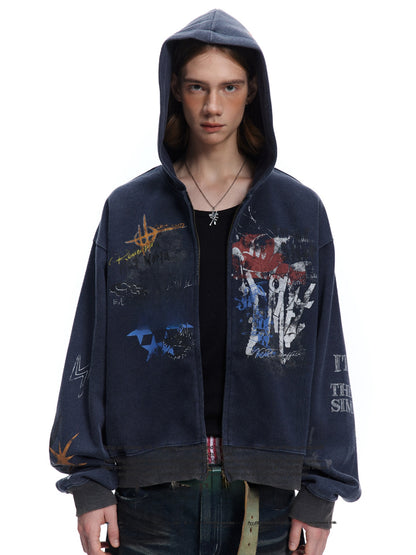 Oversize Graffiti Hooded Cardigan