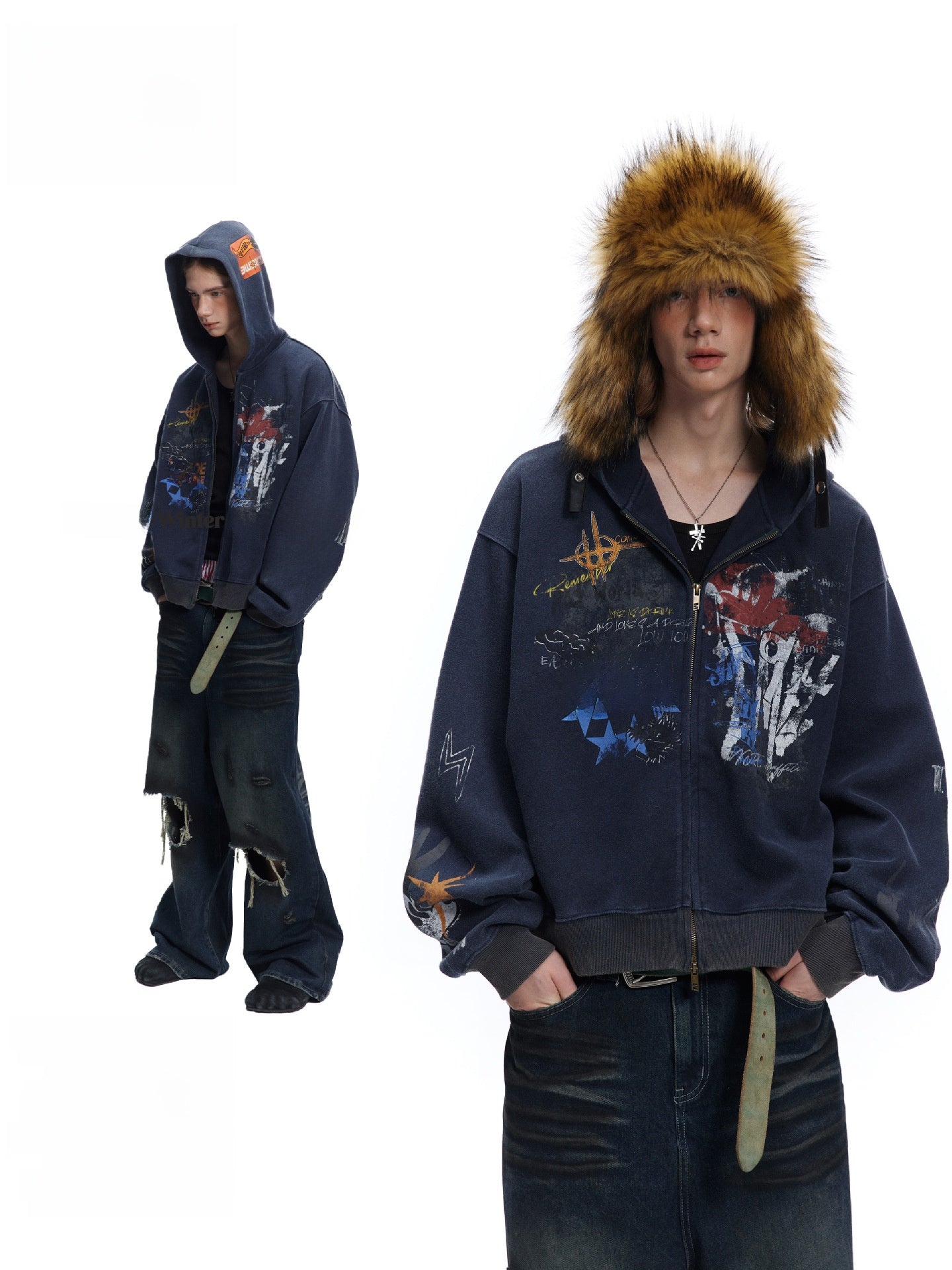 Oversize Graffiti Hooded Cardigan