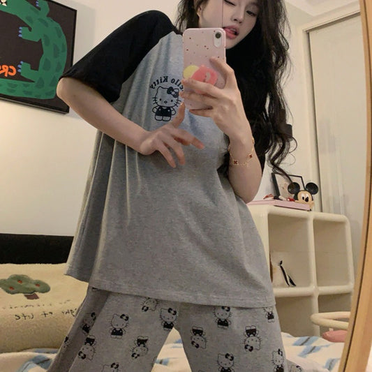 Pajama-style cartoon home wear short-sleeved long pants set