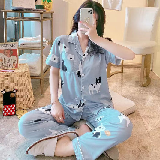 Pajama-style cartoon home wear short-sleeved long pants set