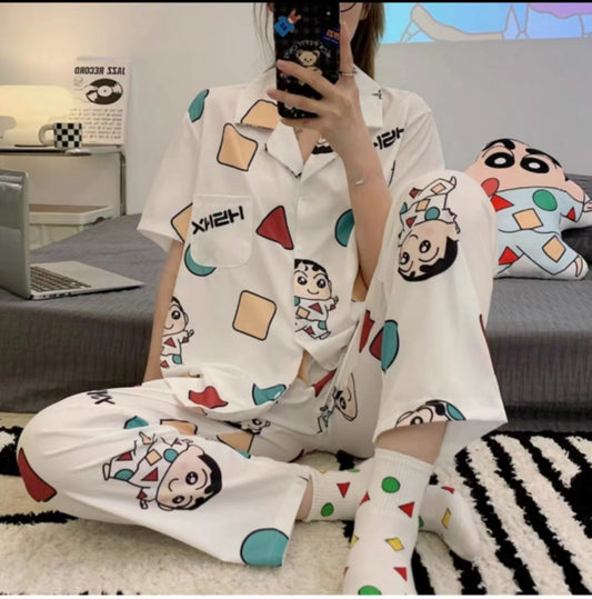 Pajama-style cartoon home wear short-sleeved long pants set