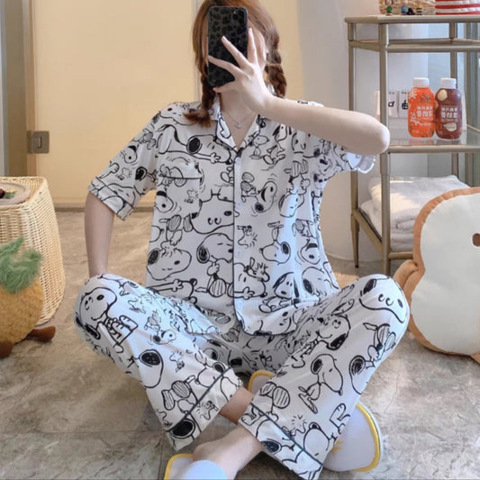 Pajama-style cartoon home wear short-sleeved long pants set