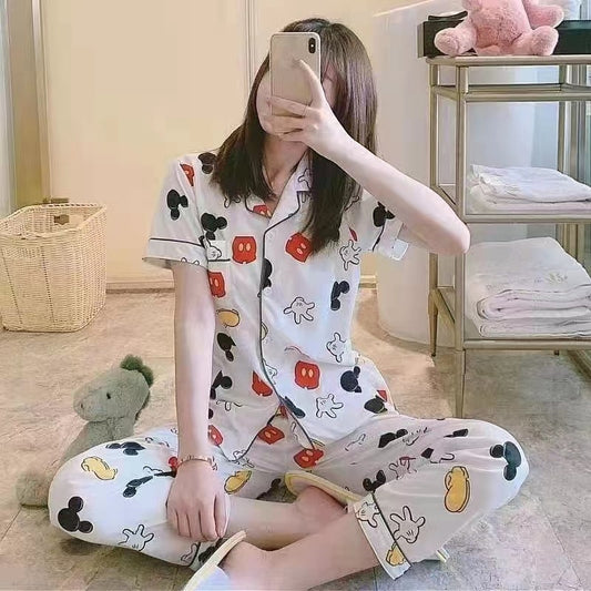 Pajama-style cartoon home wear short-sleeved long pants set