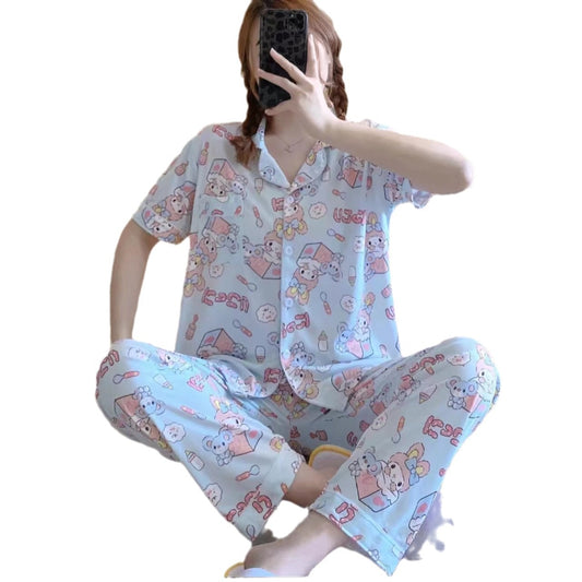 Pajama-style cartoon home wear short-sleeved long pants set