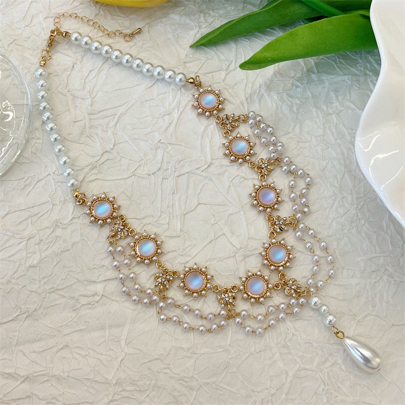 Palace Style Pearl Tassel Necklace Cat Eye Pearl Diamond Clavicle Chain Lolita Jewelry