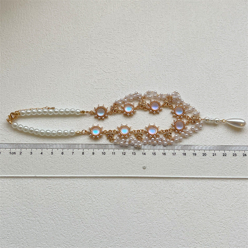 Palace Style Pearl Tassel Necklace Cat Eye Pearl Diamond Clavicle Chain Lolita Jewelry