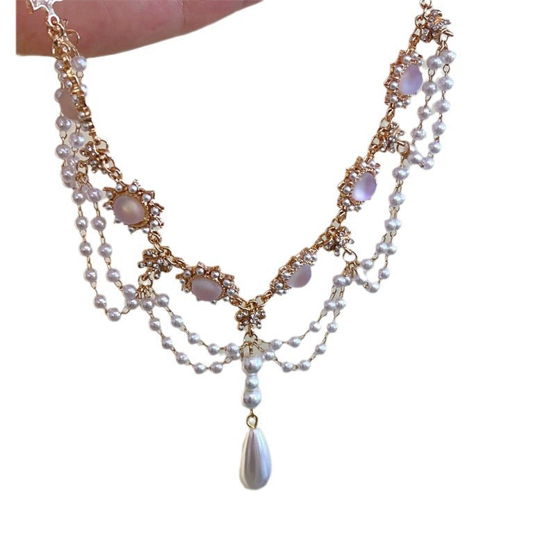 Palace Style Pearl Tassel Necklace Cat Eye Pearl Diamond Clavicle Chain Lolita Jewelry