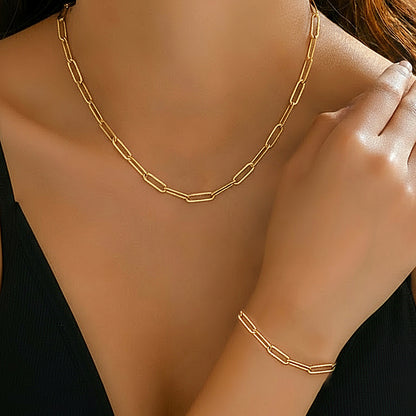 Paper Clip Necklace and Bracelet Set Stainless Steel Gold Plated