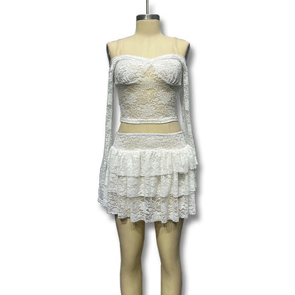 Patchwork Bustier Sheer Lace Skirt Set