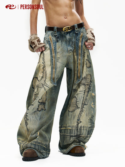 Patchwork Embroidery Wide Leg Jeans