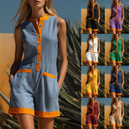 Patchwork Jumpsuit with Stand-up Collar, Sleeveless, Loose-Fit Vacation-Style Shorts